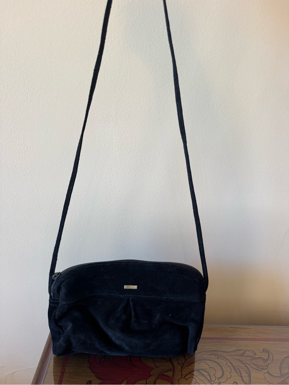 DRAMATIC PRICE DROP: CUSTOM-MADE BLACK SUEDE, zip-top SECURE closure CROSSBODY